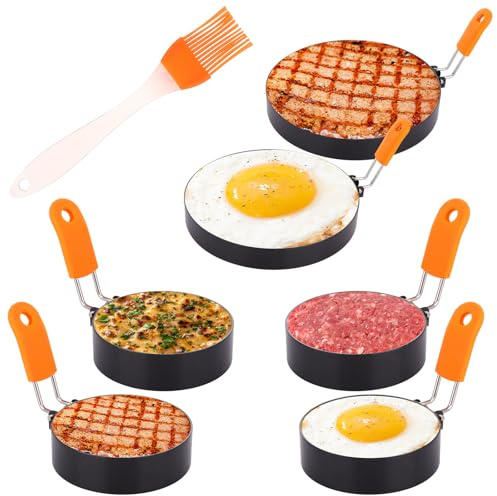 ZOFUN 6 Pcs Egg Rings for Frying, 4 Pcs 3 Inch & 2 Pcs 6 Inch Egg Frying Rings with Ergonomic Handle & Silicone Brush, Non-Stick Stainless Steel Fried Egg Ring for Fried Eggs Cooking Pancake Crumpet