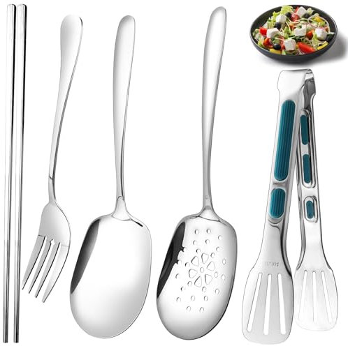 GZLCEU Lot de 5 cuillères de service, en acier inoxydable 304, pour banquet, buffet, restaurant, fête d'hôtel (cuillère, écumoire, fourchette, baguettes, pince alimentaire)