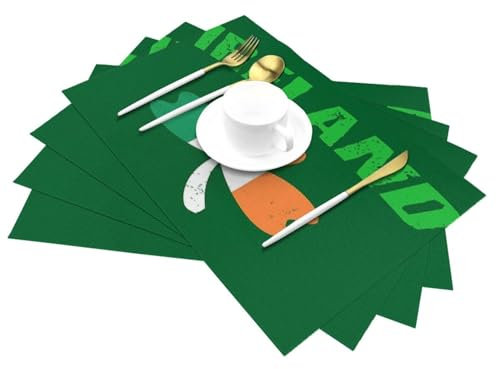 Irish Flags and Four Leaf Clovers St Patricks Day PVC Woven Placemats, Anti-Stain and Oil-Proof Heat-Resistant Dinner Plate Mats, Kitchen Table Gathering Holiday Party Decorations.