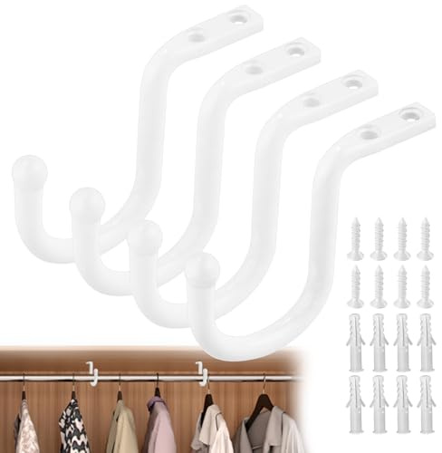 LANMIERT Closet Rod Bracket 4 Pcs Closet Rod Center Supports Hanger for up to 1-3/8 inch Rods, Heavy Duty Closet Rod Support Clothes Storage Hanger Provides Extra Support for Closet Rod (White)