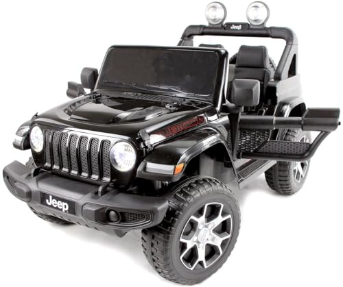 Playhouse Lizenz Jeep Wrangler® Rubicon Off Road 4x4-180W, Lizenz, Ledersitz, 4 Stoßdämpfer, Eva Räder, 12V 14ah, Fernbedienung,Kinder Elektroauto, Kinderauto Kinderfahrzeug (Schwarz)