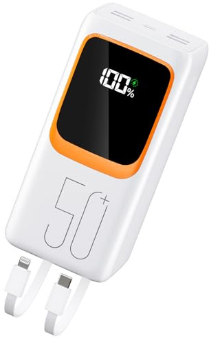 Batterie Externe 50000mAh avec Câble intégré : 22.5W Power Bank à Charge Rapide pour téléphone Portable, Lampe de Poche LED et 7 Sorties et 3 entrées