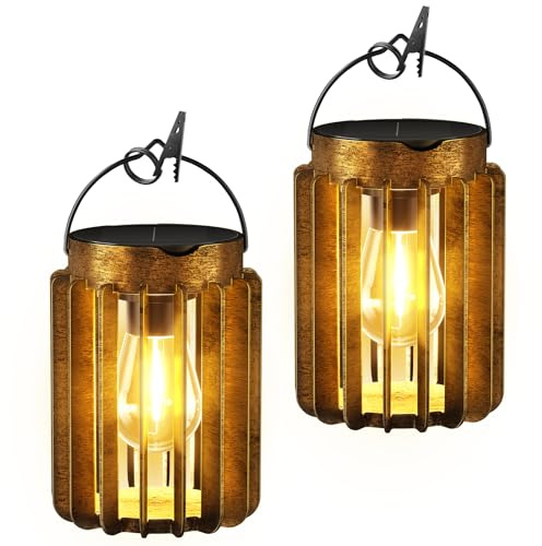 2 Pack Solar Lanterns Outdoor Waterproof, Retro Hanging Lantern, Bronze
