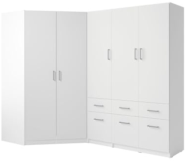 Vente-unique-Armadio angolare 5 ante e 6 cassetti L254 cm Bianco - BELOMY