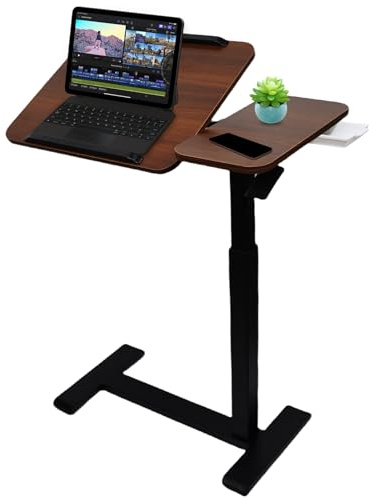 KUKKUME Laptoptisch Beistelltisch Höhenverstellbarer mit Versteckten Rollen Pneumatischer Mobiler Stehpult Schreibtisch Computertisch mit Kippbarer Geteilter Oberseite für Büro Sofa Pflegebett Braun