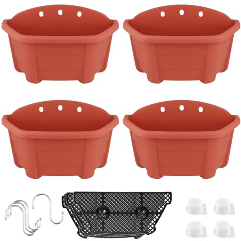 CHUENKUK Juego de 4 Macetas Colgantes de Pared, Plástico Rojo Ladrillo 27x14x15 cm con Soporte y Redes para Jardín Balcón Terraza Interior Exterior