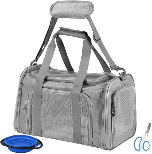 Trasportino Gatto e Cane Piccola/Media Taglia, Borsa Zaino Trasporto Morbido e Traspirante con Tracolla e Cuscino Lavabile, 45x28x28cm, Portatile per Auto/Aereo(Grigio)