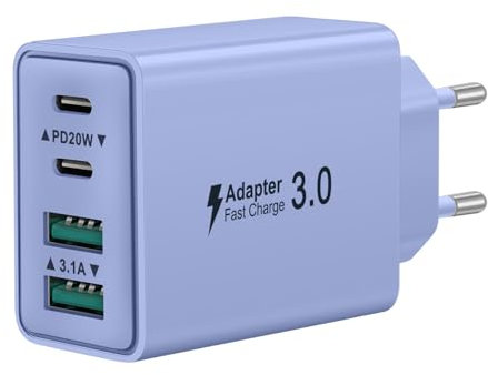 Chargeur USB C, 40W 4 Port Prise Chargeur Rapide USB C, 2Pack Multiple Secteur Double PD+QC 3.1A Type C Adaptateur pour iPhone 17 16 15 14 13 12 11 Pro Max 8 7 6S Plus Mini SE, iPad, Samsung Galaxy