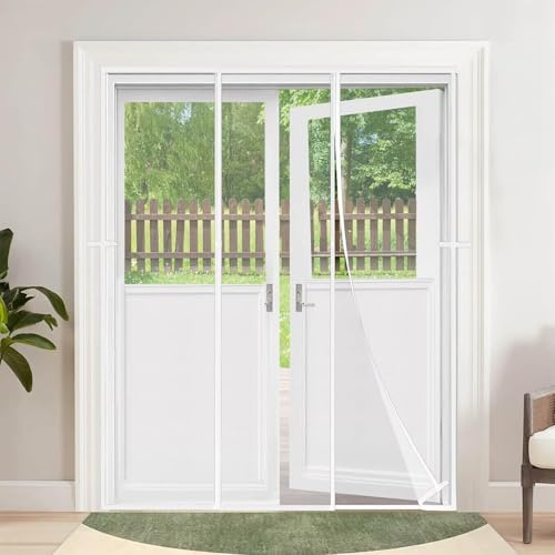 AimantéE Porte Enroulable 140x245cm Blanc Moustiquaire Porte Fenetre Aimantée Magnetique Deux côtés ouverts pour Porte d’Entrée