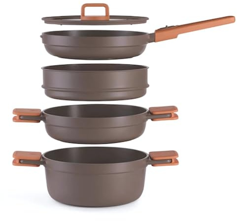 BRA Juego de 5 piezas de batería de cocina apilable antiadherente para placa de inducción con sartén de 24 cm, cazuelas altas y poco profundas, vaporera y tapa de vidrio templado. Juego de utensilios