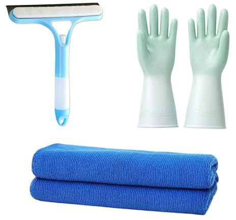 3 in 1 Window Cleaning Scraper, Glass Scraper for Windows and Cars, Multi-Functional Window Squeegee with Scraper, Glove and Cloth, Ideal for Home and Vehicle Glass Maintenance