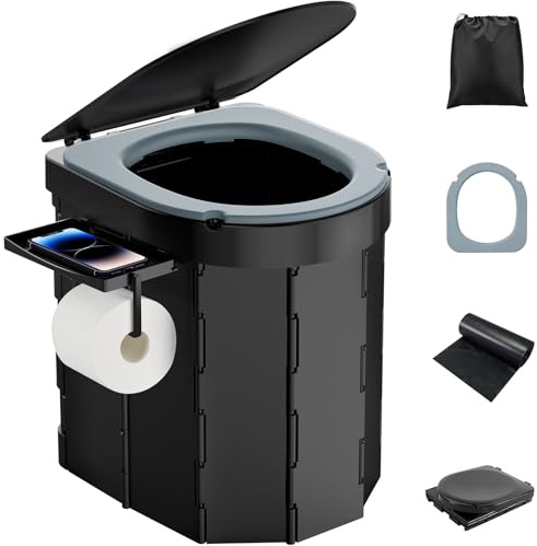 WADEO WC da Campeggio aggiornato, Portatile per Adulti, Pieghevole con Coperchio e portarotolo, Perfetto per Viaggio, Auto (Aggiornata - Sedile Morbido - Porta Telefono)