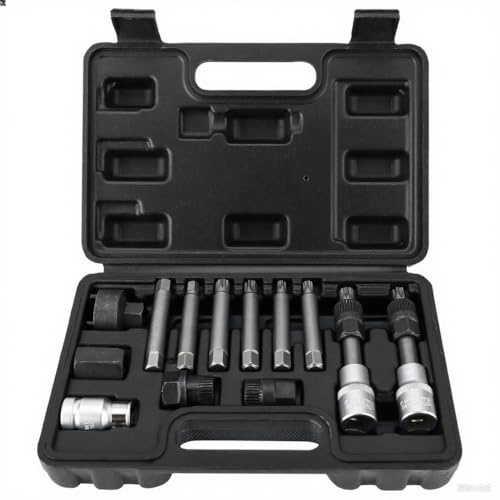FreeTec 13pcs Alternator Pulley Removal Tool, 1/2 Drive Alternator Clutch Pulley Tool, Alternator Freewheel Pulley Star Spline Socket Bit with 33 Teeth Compatible with VW Audi Vag Fiat (Black)