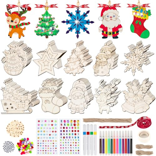 AHIKY Decorazioni Natalizie Kit in Legno, 322 Pezzi Addobbi Legno Natale Fai Da Te, Ciondoli Decorativo da Colorare per Bambini, Pendenti Natalizie da Dipingere, Ornamento Natalizio da Appendere
