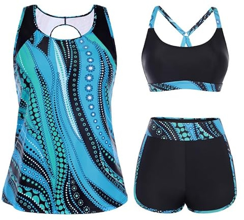 Hanna Nikole Set tankini da donna, 3 pezzi, costume da bagno sportivo con controllo della pancia, costume da bagno modesto, tankini con retro rotondo traforato, top bikini regolabile e pantaloncini da