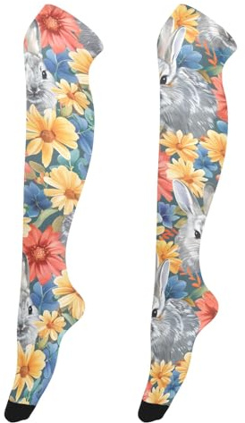 OWFKAY Lapin coloré Fleur Femmes Cuissardes Chaussettes Hautes Genou Chaussettes Longues Bas au-dessus du genou Jambières douces