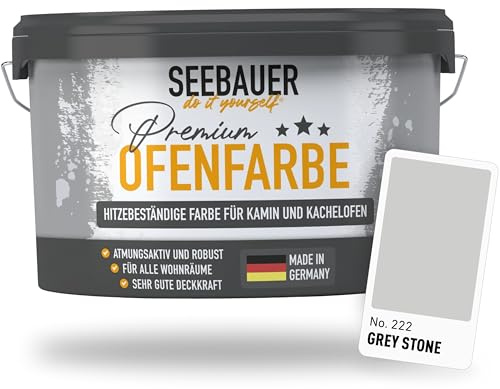 SEEBAUER diy Ofenfarbe Grau für Innen 2,5L (No. 222 Grey Stone) - Hitzebeständige Wandfarbe für Putz, Beton & Mauerwerk - Abwaschbare Farbe für Kamin und Kachelofen