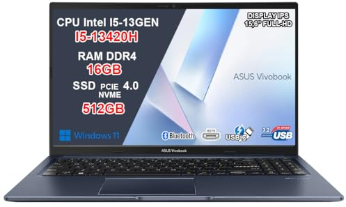 ASUS Vivobook 15 Notebook Blue, Intel Core i5-13420H, RAM 16GB DDR4, SSD 512GB NVMe PCIe 4.0, Display 15,6” FHD IPS Anti-Glare, Wi-Fi 5, Webcam Privacy Shutter, Windows 11 Home, 3 Anni Garanzia