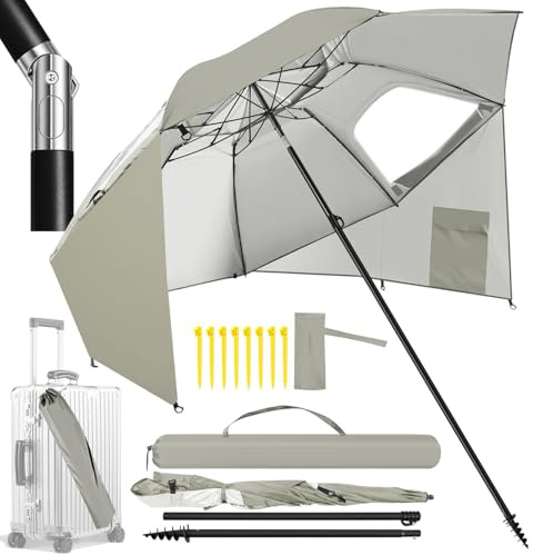 Joparri Ombrellone da spiaggia, 2 in 1, per spiaggia, giardino, 2-4 persone, protezione solare UV50+, inclinazione 45°, Ø 210 x 230 cm, con finestra e borsa per il trasporto, pieghevole, colore cachi