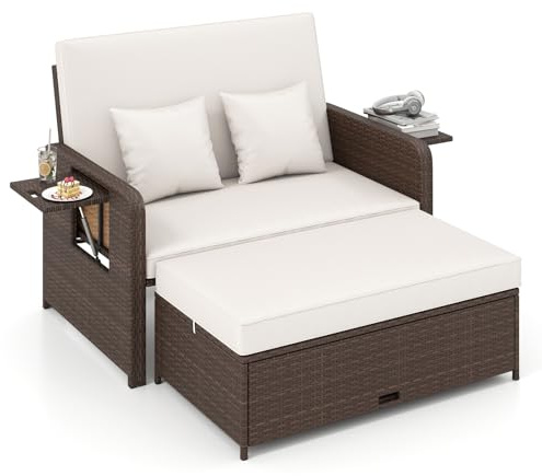 GIANTEX Sofá de Jardín 2 Plazas con Taburete Reposapiés, Muebles Ratán 2 Piezas con Cojines, Mesas Plegables, Respaldo Ajustable en 4 Niveles, Sofá Cama Exterior para Patio Terraza (Marrón+Beige)