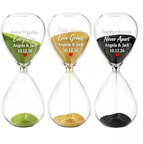 Personalisierte Sanduhr mit Gravur, 5/10/15/30/45 Minuten, Romantische Glas Sanduhr mit Wunschtext, Dekorative Sand Uhr, Paar Geschenk für Hochzeit Jahrestag Valentinstag Geburtstag, Home Büro Deko