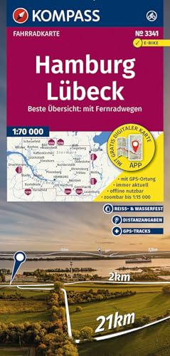 KOMPASS Fahrradkarte 3341 Hamburg, Lübeck 1:70.000: reiß- und wetterfest