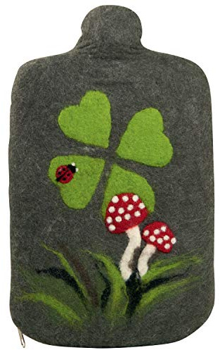 Hugo Frosch Öko-Wärmflasche 2,0 l mit grauem Merino-Filzbezug Klee | Große formstabile Bettflasche Made in Germany, geruchsneutral, Überzug aus 100 % Merinowolle, abnehmbar & handwaschbar