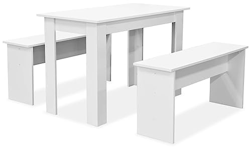 vidaXL 3-TLG. Essgruppe Tisch und Bänke Holzwerkstoff Weiß