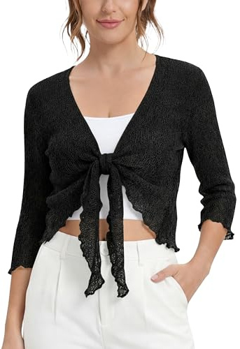 Love My Fashions® Women’s Fish Net Knitted Tie Up Bolero Shrug Top Ladies 3/4 Sleeve One Size Fits All Black