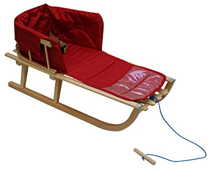 Holzschlitten für Kinder mit Rückenlehne Rodelschlitten Davoser Schlitten aus Holz mit einem Sicherheitsgurt, Rückenlehne und Matratze (Natürliche/rote Leinen)