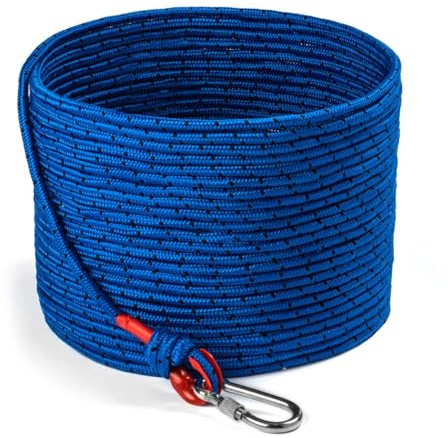 Loreso Strong Magnet Fishing Rope Carabiner, Camping Rope - Heavy Duty 1200 lb Strength All Purpose Ropes, 1/3 Inch Reinforced Polyester Line, Outdoor Rope for Camping, Hiking, Boating & Caving - 65ft