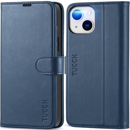 TUCCH Hülle für iPhone 13 Mini (5,4 Zoll), Dunkelblau | Handyhülle, TPU, Kartenfächer, RFID-Sperrung, Schutz, Standfunktion, Magnet, Stoßfeste Schutzhülle, Klapphülle