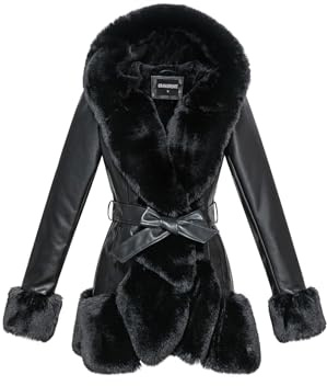 GRAN ORIENTE Women's Faux Leather Coat with Faux Fur Collar,Winter Warm Belted Mid Length Trim Jacket Fur Lined with Hood (002 Black S)