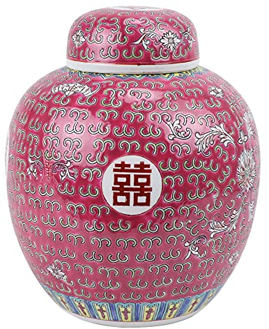 Fine Asianliving Pot à Gingembre Chinois Peint à la Main Rouge Double Bonheur D21xH25cm Chinois Vase avec Couvercle Asiatique Jingdezhen Mandarin Décorative