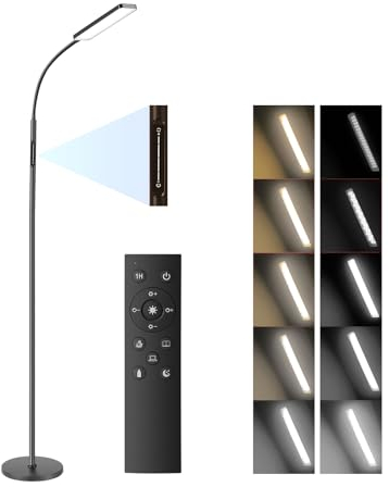 BBHome Lampada da Terra LED 10W, Piantana con 4 Temperature di Colore, Oscuramento Continuo, Touch Control e Telecomando, Timer 1H, Lampada da Terra per Soggiorno, Camera da Letto, Ufficio, Nero