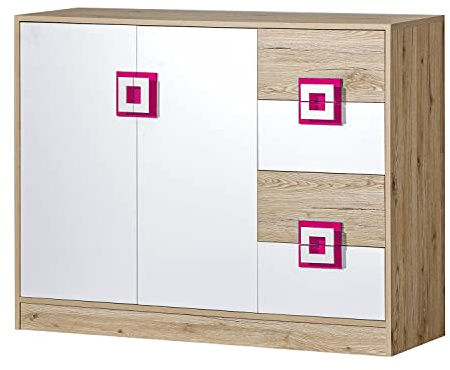 Marmex Nico N8 Hochkommode - Große Kommode - Hochschrank mit Regalen - Kommode für das Jugendzimmer, für das Kinderzimmer - Eiche Hell + Weiß + Rosa - 120x93x40cm