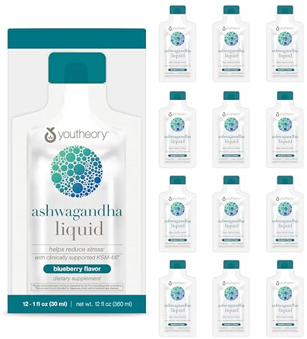 Youtheory Ashwagandha Liquid - with Organic KSM-66 Ashwagandha - Herbal Blend to Support Stress Relief & Energy Levels* - Helps Support Mood* - 1 oz Single Serve Packet, Pack of 12