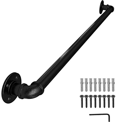 FSHIHINE 115cm Handrails for Stairs, Hand Rails for Outdoor Steps, Wall Mount Banister Handrail, Non-Slip Stair Handrail Kit for Elderly, Industrial Galvanized Black Metal Pipe with Mounting Fittings