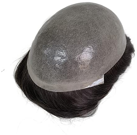 AIRAO Perruque pour homme à base de peau fine entièrement en PU avec système de pièces en cheveux humains véritables 8×10 Noirs naturels 1B# et 80% de cheveux gris