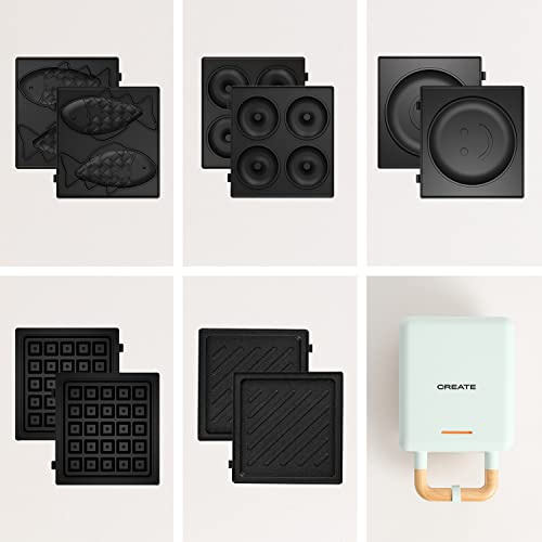 CREATE/STONE STUDIO/Tostiera individuale per sandwich e waffle Azzurro / 5 piastre intercambiabili: sandwich-grill, waffle, taiyaki, pancake e ciambelle, antiaderente, apertura 100º, 600W
