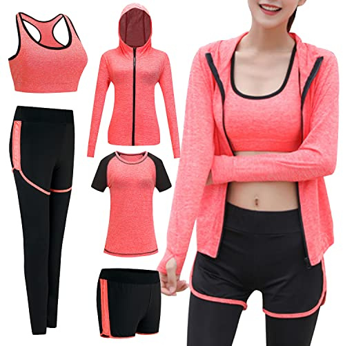 ODWTMRK Trainingsanzug Damen Sportanzug 5-teiliges Sportswear Set Sportbekleidung Gym Yoga Leichtathletik Fitness Jogginganzug, Orange, 46