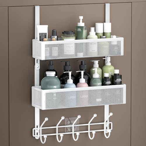 Aimeaihe Adjustable Over The Door Hooks Organizer, Door Hanger Coat Rack with 2 Mesh Baskets and 10 Hooks, Back of Door Storage Organizer for Bedroom,Bathroom,Kitchen (White)