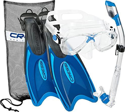 Cressi Italian Design Premium Tempered Glass Lens Scuba Snorkel Mask, Dry Snorkel, Palau Long Adjustable Snorkeling Fin, Snorkel Set with Carry Bag for Men and Women