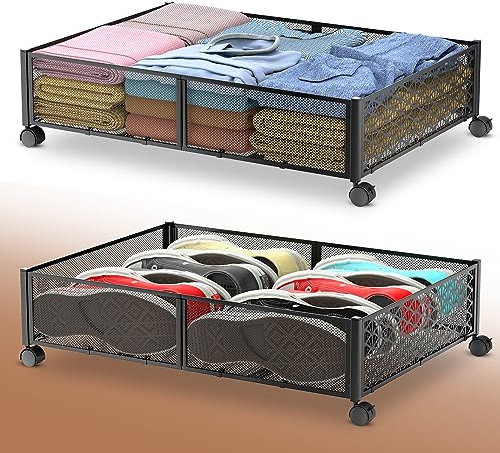 Innotic Unterbett Aufbewahrungsbox mit Rädern, Große Unterbettkommode Aufbewahrungstasche, Metall unterbett aufbewahrung Unterbettbox Organizer (2 Stück)