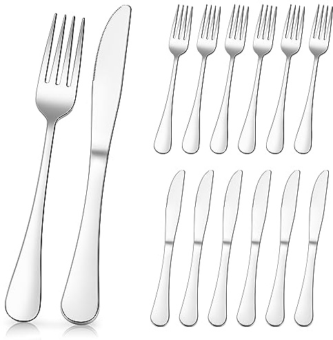 Herogo Steakbesteck 12-teilig, Edelstahl 6 Tafelmesser und 6 Tafelgabeln, Silber Steak Besteck Set für 6 Personen, Hochglanzpoliert Messer Gabeln Set für Haus/Restaurant, Spülmaschinenfest
