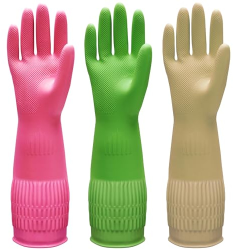 Bamllum 3 Pairs of Rubber Dishwashing Gloves for Kitchen and Household Cleaning – Long Cuff 15, Reusable, Flexible Long-lasting and Non-Slip (Red+Yellow+Green, Large)