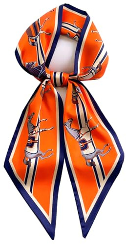 Clysoru Silk Neck Scarf Printed Scarves Head Women'S Fashion Oblique Angle Satin Scarfs For Bag Hair 59” X 5.9” (Orange blue Horse)