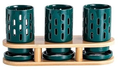 Scolaposate Portautensili in ceramica da 3 pezzi con base in bambù, contenitore for utensili da cucina for piano di lavoro, contenitore for posate, scolapiatti for forchette, cucchiai, coltelli Porta