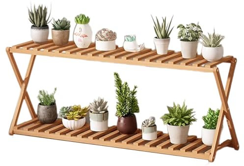 DECORN Pflanzenständer für Drinnen und Draußen Abgestuftes Pflanzenregal 2-stufiges Bambus-Blumenhalter-Leiterregal für Mehrere Blumentopfständer für Wohnzimmer, Balkon, Garten,Natural-39.4 L