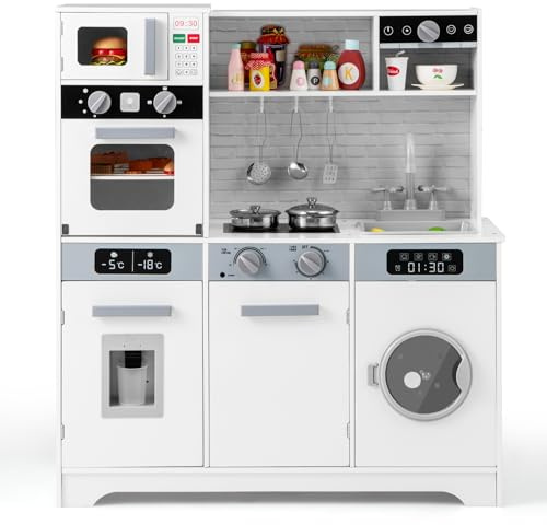 DREAMADE Kinderküche Holz mit Zubehör, Kinder Küche mit Herd Spüle Backofen Waschmaschine, Kinderspielküche Holzküche mit Licht & Sound, Spielküche für Kinder ab 3 Jahren